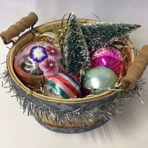 Festive Holiday Ornament Basket Assorted Colors little old ornaments collection